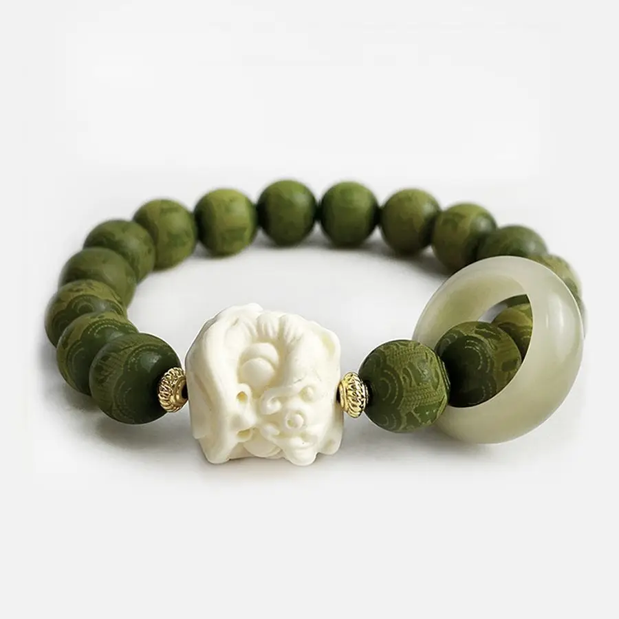 

Six-character Proverbs Bracelet Ivory Fruit Awakening Lion Green Bodhi Wealth-making Bracelet National Style Trendy Handstring