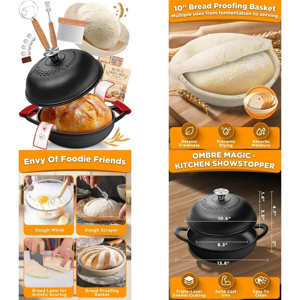 

Cast Iron Dutch Oven Bread Baking Pot with Lid - 6 Quart, Complete Sourdough Starter Kit including Banneton, Dough Tools, Silico