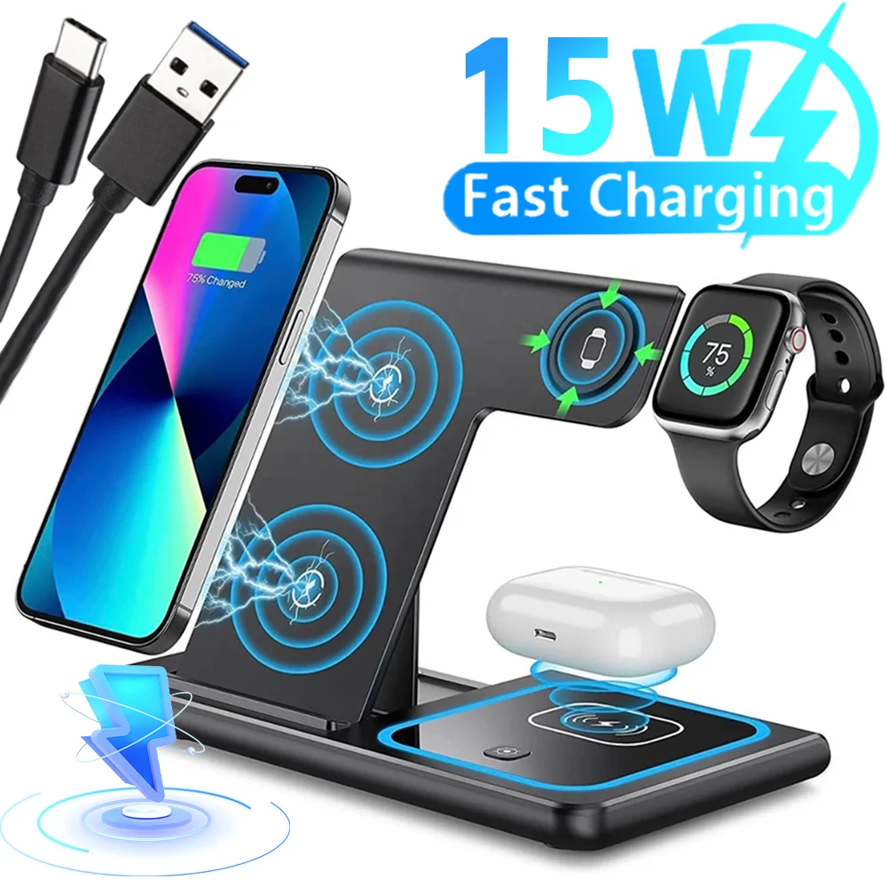 

Беспроводная зарядная станция 3-в-1 с быстрой зарядкой 15 Вт, складная подставка для iPhone 17, Apple Watch 11, Airpods Pro, Samsung, с кабелем для передачи данных