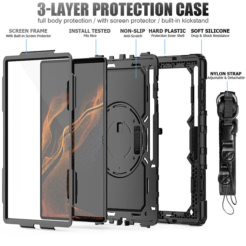 Imagem -06 - Resistente do Silicone para Samsung Galaxy Tab s8 Ultra à Prova de Choque Capa 2023 X900 X906 Crianças Case Rotativo Suporte Cinta Estável Case