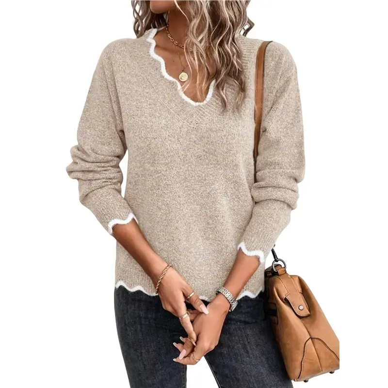 

CYL-Women V Neck Sweaters Pullover Cozy Light-Weight Sweaters Long Sleeve Tops
