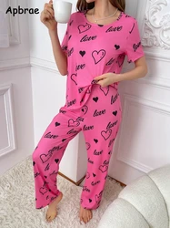 Spring Summer Pajamas for Women Heart Print Pijamas Soft Woman Sleepwear Fashion Short Sleeves Long Pants Girl Pajama Set