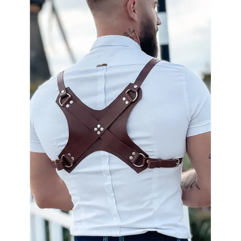 652F 조정 가능한 스트랩 버클 링 Clubwear 셀프 본디지 의상 남성 가죽 바디 가슴 하네스 멜빵 브라운 펑크 벨트