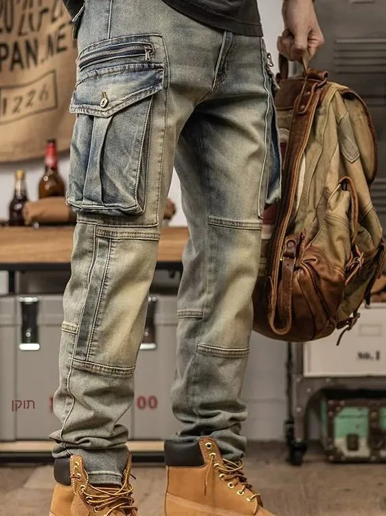 

Retro American Workwear Jeans Men's Multiple Pockets Straight Leg Long Casual Pants Slim Fit Comfortable Polyester Fiber