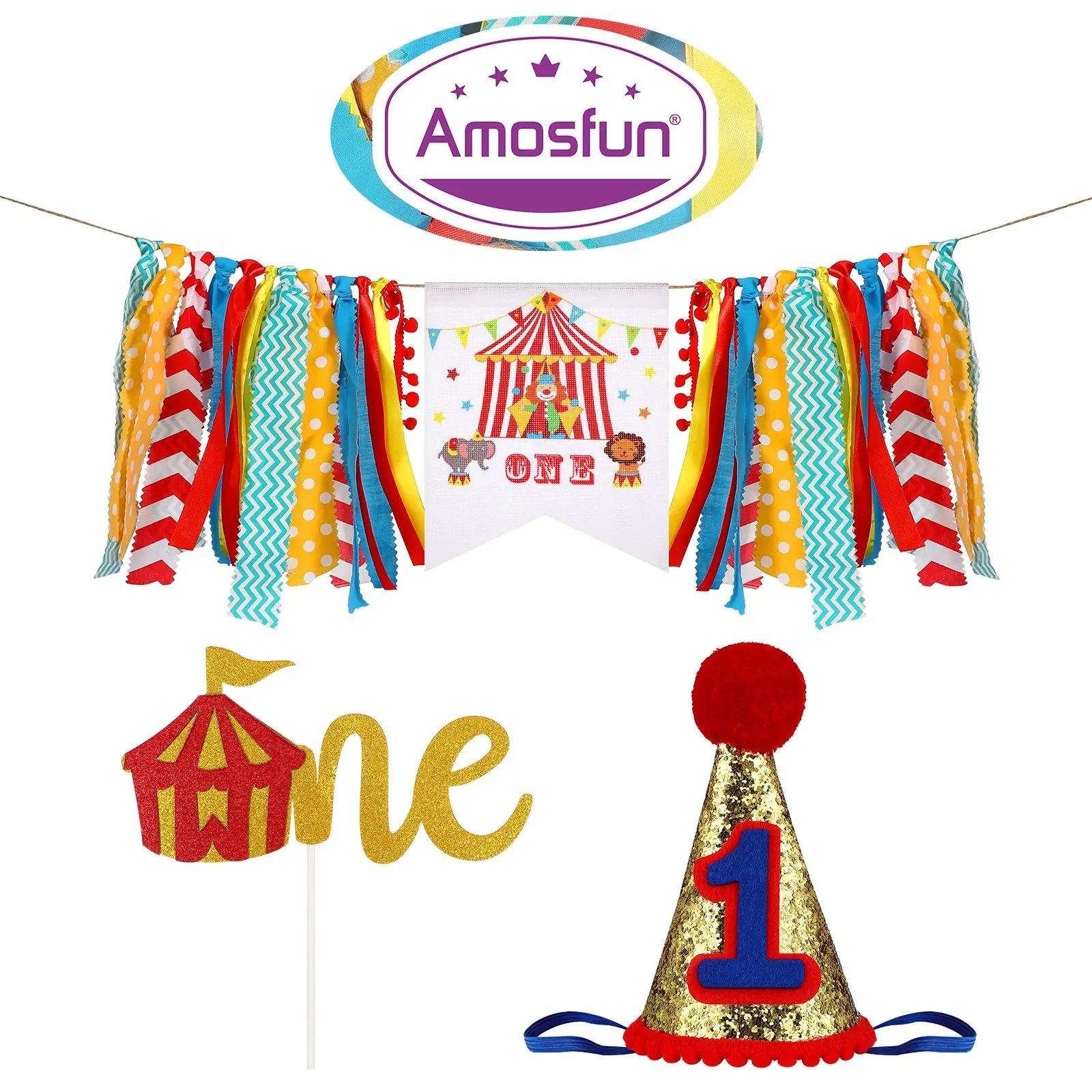 3 pezzi di articoli per feste per il primo compleanno, circo, carnevale, tema, banner colorato, torta, bandiera, cappello, decorazioni di compleanno di un anno