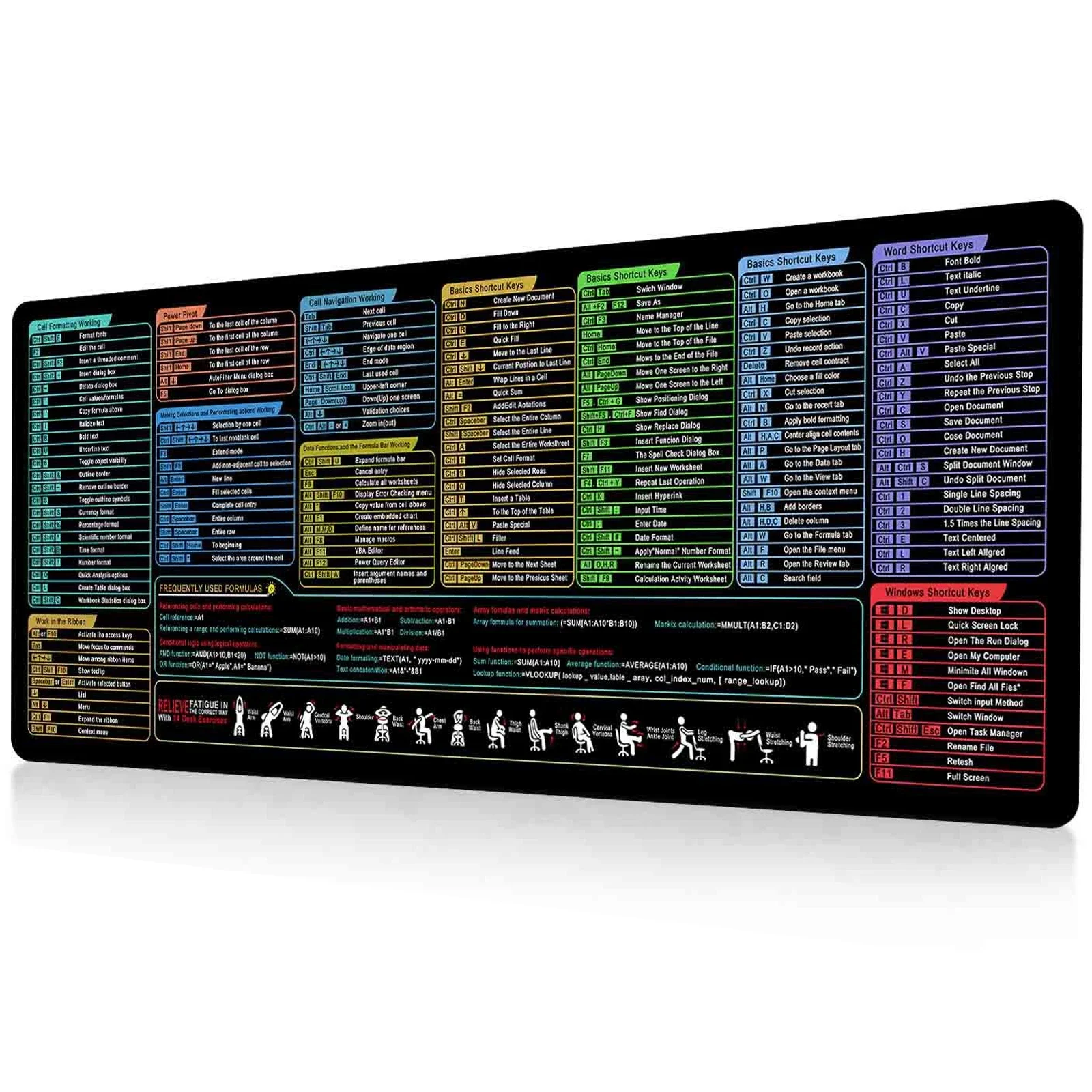 Excel Word Windows English Shortcuts Keys Large Mouse Mat,Office Excel Mouse Pad with Waterproof Excel Shortcuts/Formulas