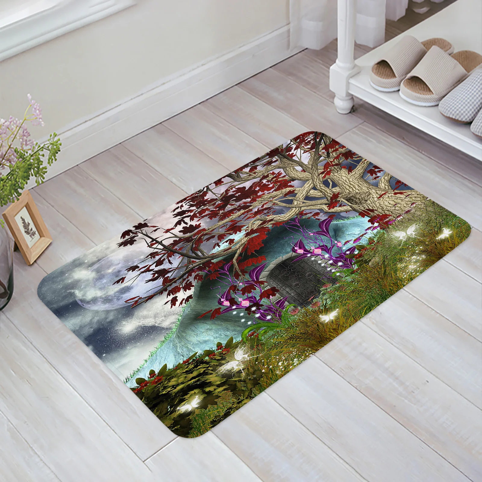 

Мультяшный напольный коврик с изображением дерева, дома, Луны, коврик для входной двери, коврик для гостиной, кухни, нескользящий ковер, коврик для ванной комнаты, домашний декор