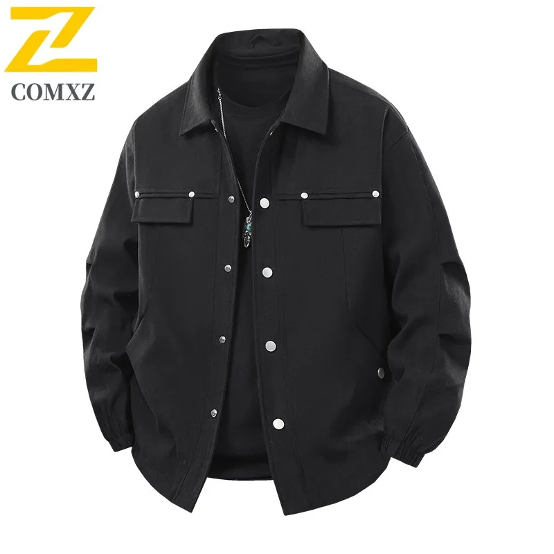 

COMXZ 2025 Spring Autumn Solid Color Turn Down Collar Jacket Mens Loose Fit Plus Size Coat
