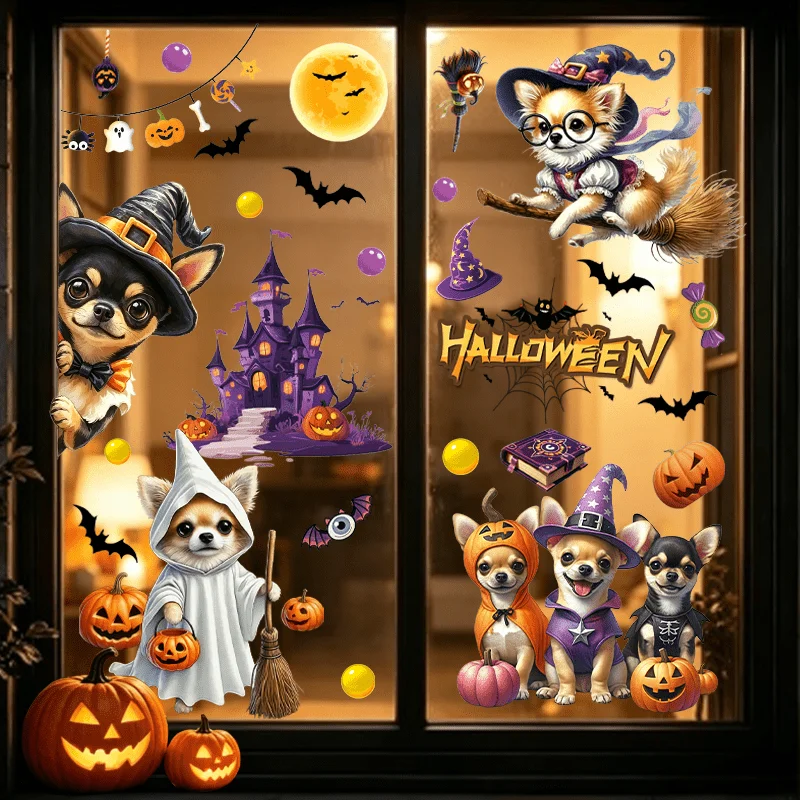 3pcs Halloween Chihuahuas Themed Window Sticker,suitable for cabinet, glass door, window,wall decor,freely DIY combinable