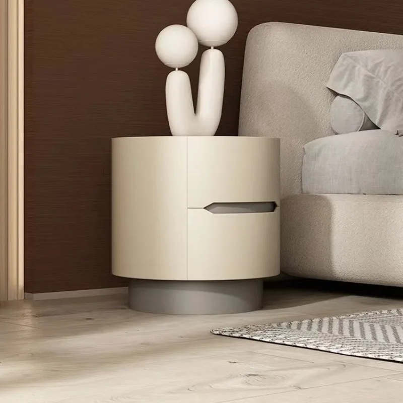 

Saddle leather High-end paint sticker bedside table Designer cream wind Bedside cabinet Locker