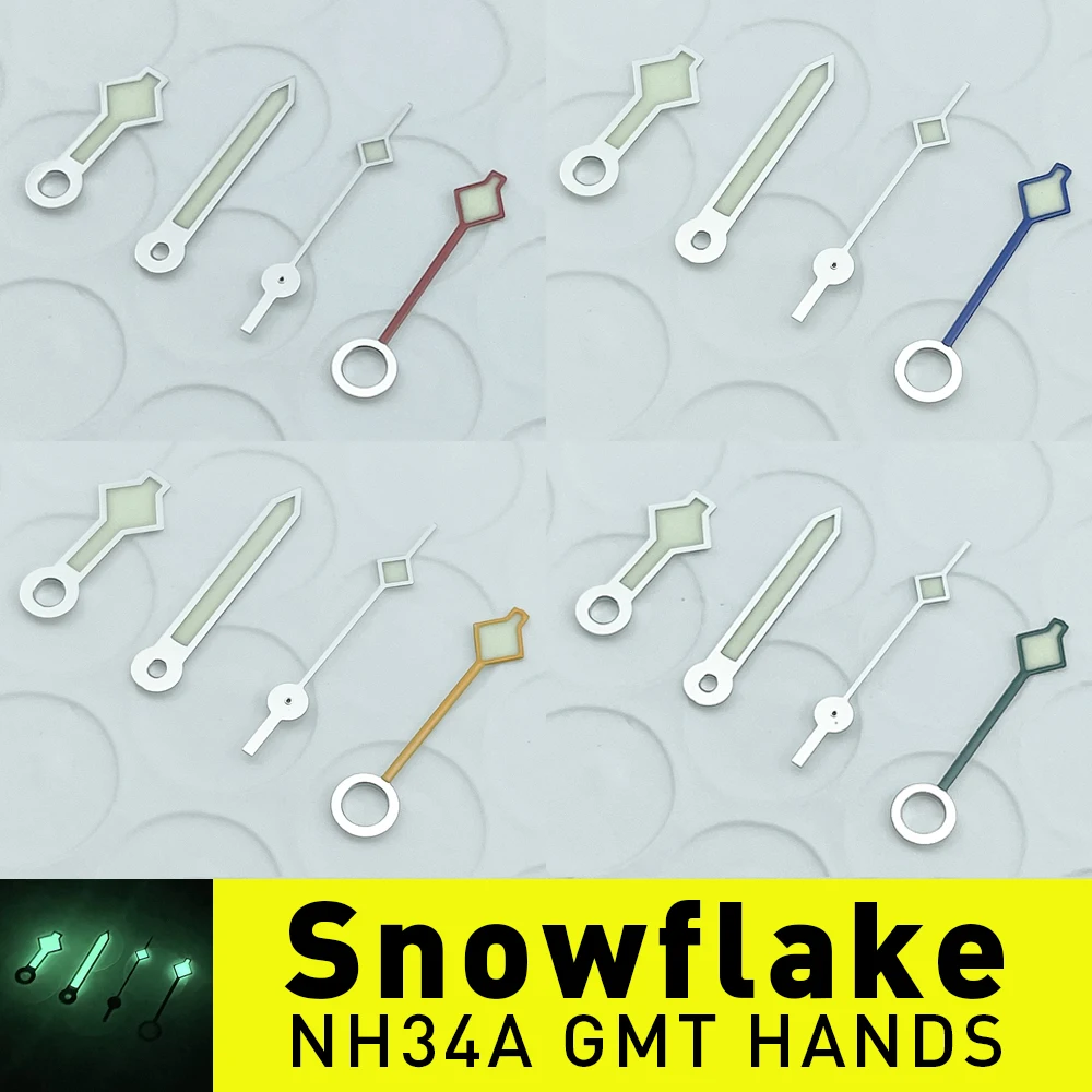 

NH34A GMT Snowflake Watch Hands Set Modification for NH34 Movement - SKX SSK Mod with C3 Lume 4-hand and 24 Hour Hand