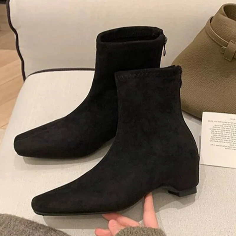 Aneikeh Autumn Winter Women Retro Dark Brown Matte Suede Stretch Ankle Boots Square Toe Back Zipper Office Daily Booties
