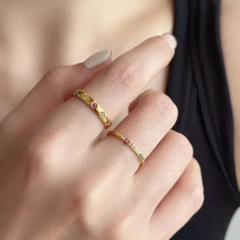 Vintage Metal Rainbow Color Star Cubic Zircon Stone Rings for Women Gold Color Adjustable Open Ring Stackable Rings Jewelry Gift