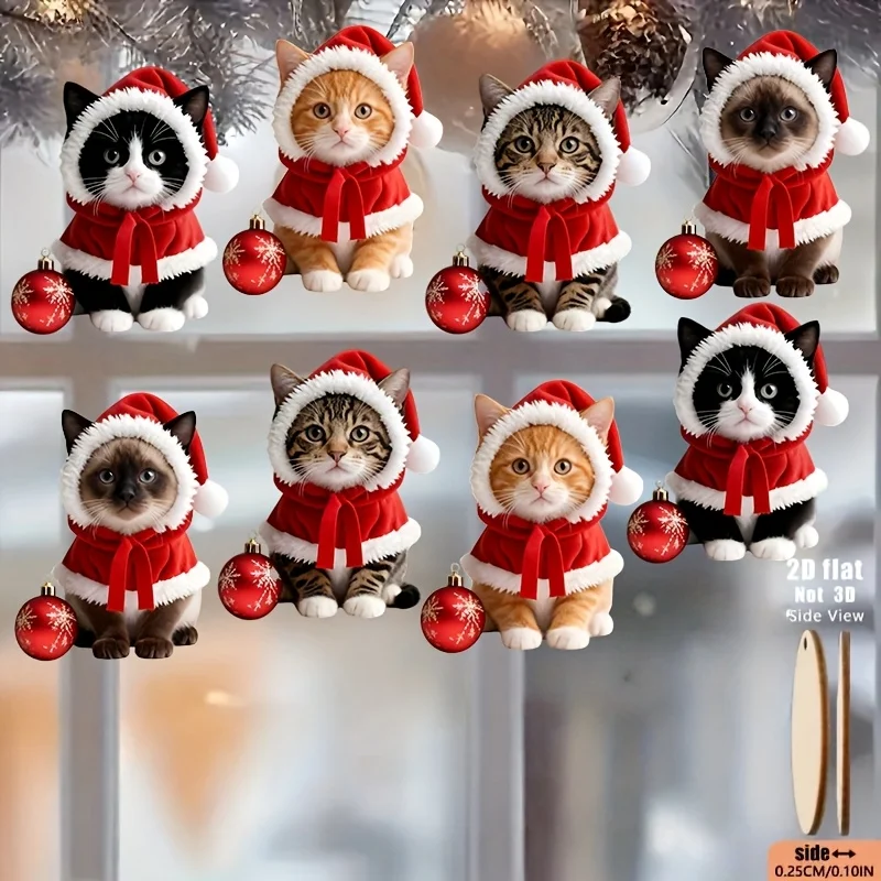 8/16 zufällig ausgewählte Kätzchen-förmige Ornamente mit Weihnachtsmützen, flache 2D-Feiertagsanhänger, Holz-Hängedekorationen, geeignet für Bäume, Heimdekoration, Partys und Weihnachtsgeschenke – Detail 4