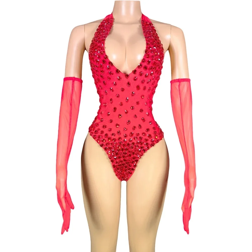 Red Rhinestones Stretch Bodysuit Women Sexy Party Pole Dance Outfit Gogo Dancer Costume Bar Ds Dj Stage Performance Wear Concert