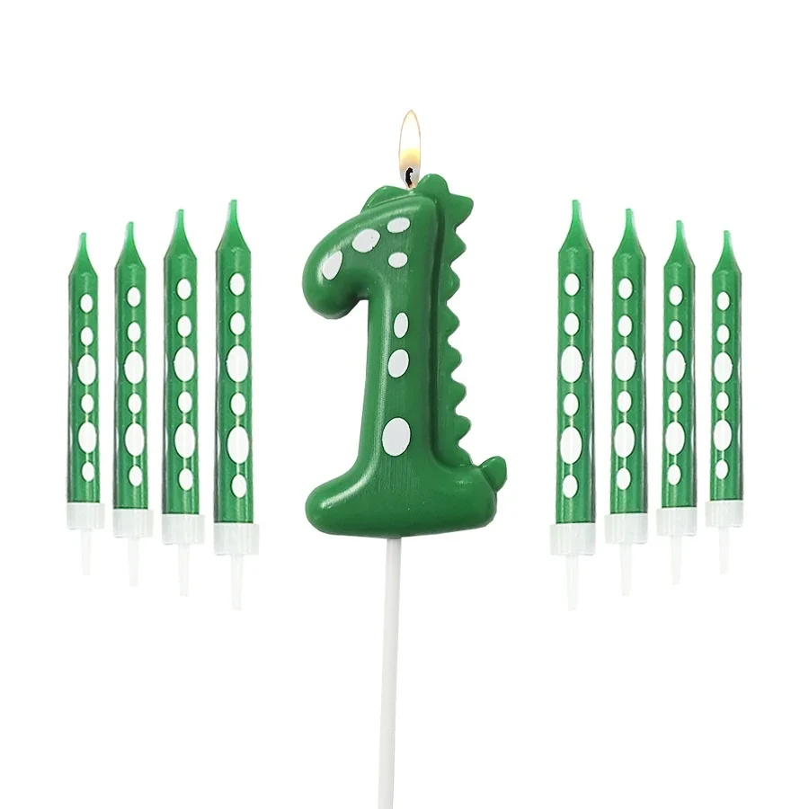 

Green Dinosaur Numbers 0-9 + 8 PCS Green Candles Happy Birthday Cake Candles For Children Prince Party Cartoon Decoration DIY