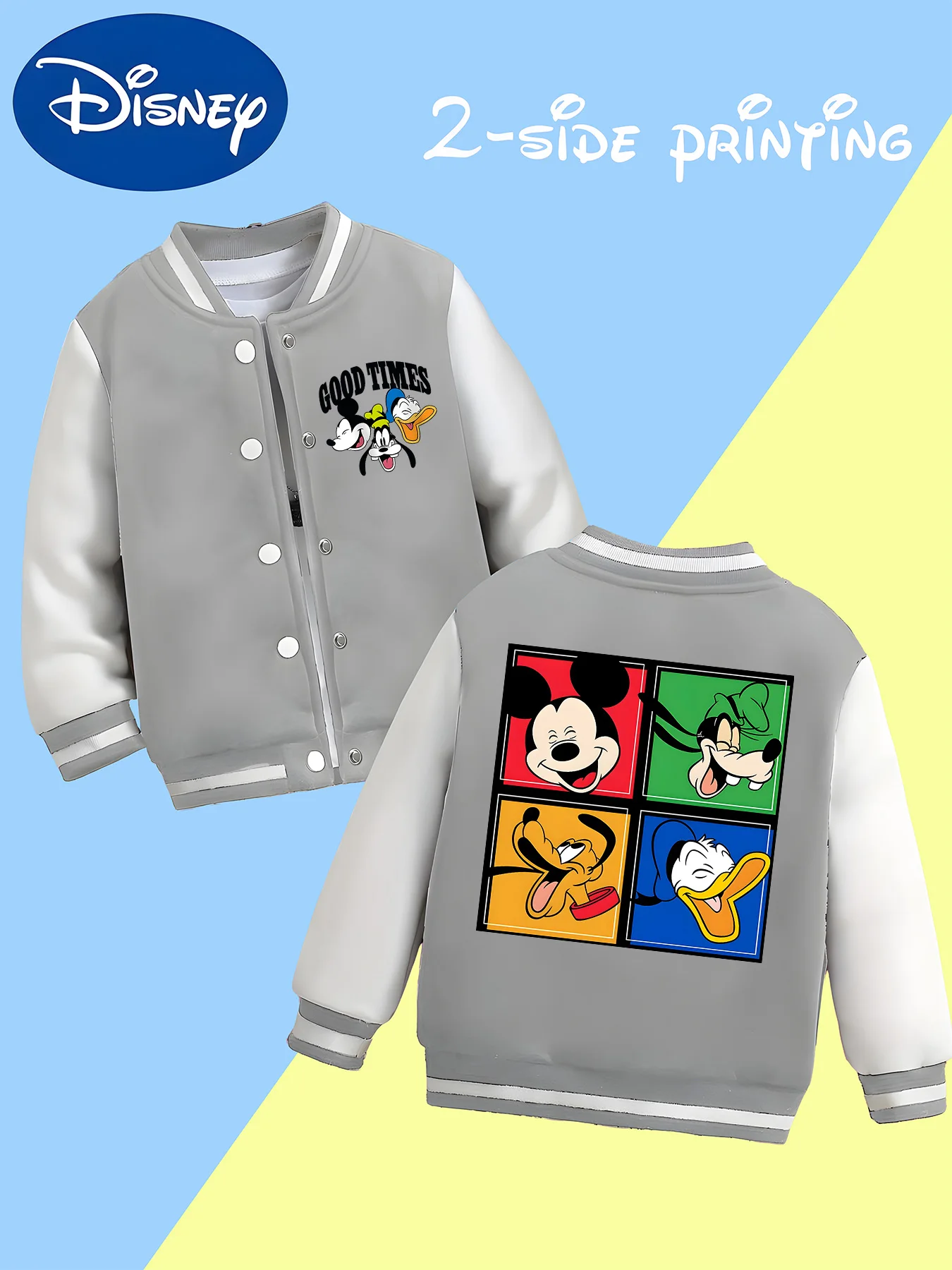 Disney Boys' Baseball Jacket - Mickey Mouse family colorful checkered print, double-sided pattern, versatile outerwear
