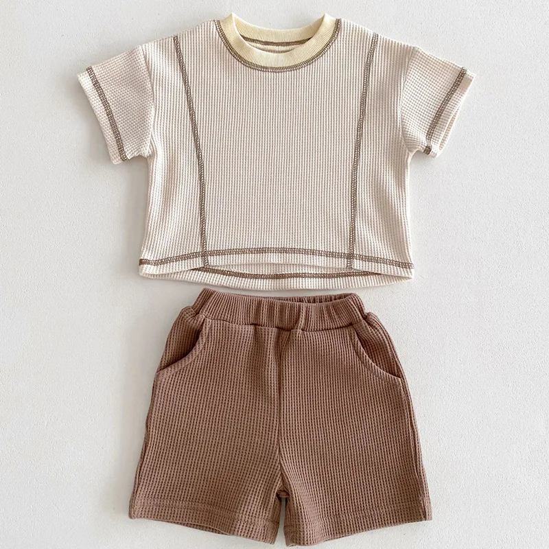 

2024 New Summer Newborn Baby Boys Girls Clothing Set Short Sleeved Solid Color Waffle Cotton T-shirt+Shorts Children Clothes