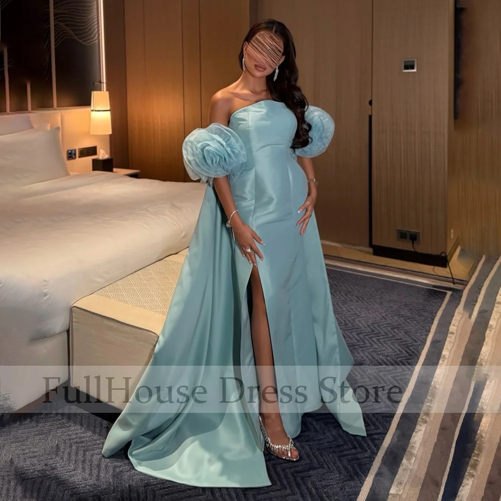 Ocasión a medida Cuello barco Flores hechas a mano Vestido de noche con abertura lateral Sin respaldo Maxi longitud Vestido árabe saudí con tren