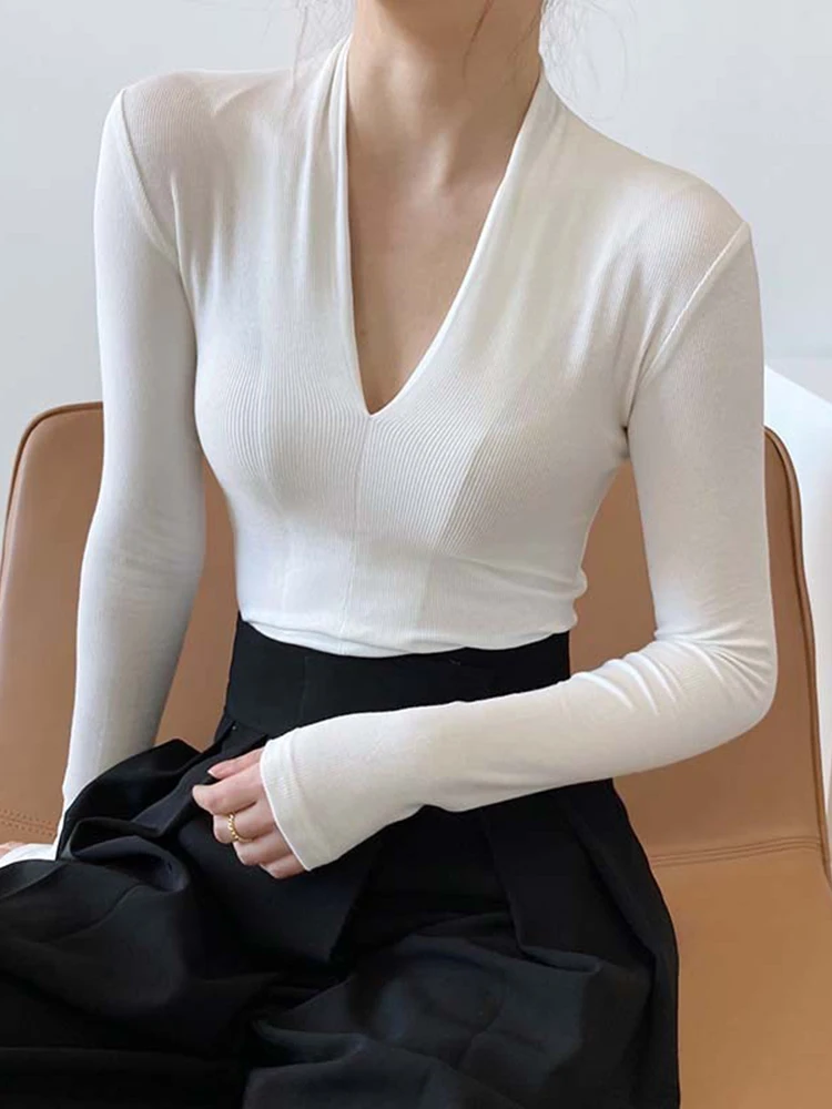 [EAM] Women Black Gray White Brief Slim Elegant Plain T-shirt New V-Neck Long Sleeve Fashion Tide Spring Autumn 2024 1DH6662