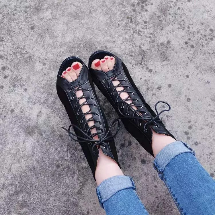 Sandalias con cordones, tacones de 9CM, zapatos de mujer, tendencia de verano 20224, botas sexis negras con punta abierta, tacones de aguja de tela a la moda, baile de Jazz para mujer