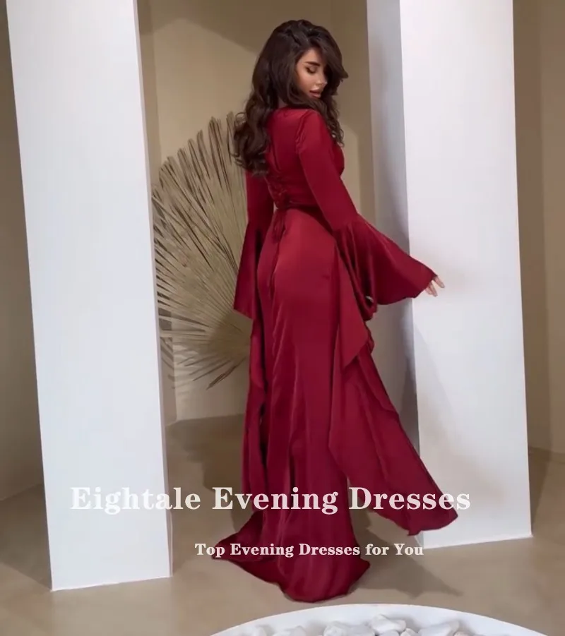 Eightale Burgundy Evening Dress Customized O-Neck Long Sleeves Arabic Mermaid Prom Wedding Party Gowns Satin