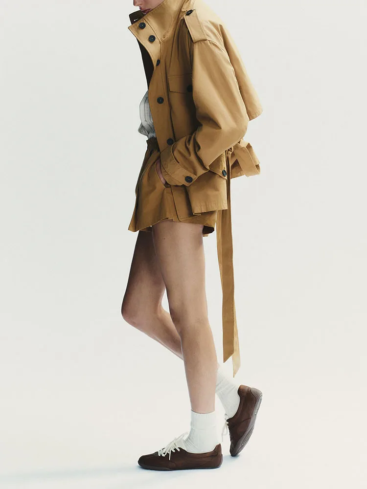 

Sweet Faionable ort Sle Belted Windbreaker Jaet 2025 Autumn New Arrival Simple Ele Women's Outerwear