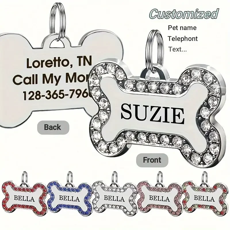 Zinc Alloy Bone Pet ID Tags Engraved Rhinestones Name Number Address Cat Dog Collar Pendant Puppy Necklace Charm Accessories