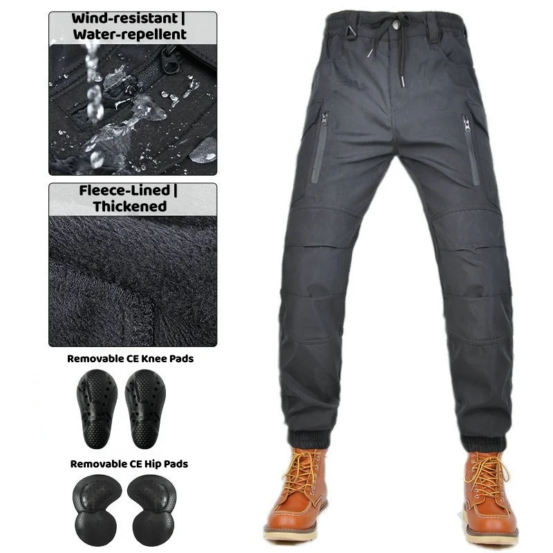 Men Motorcycle Work Pants, Water‑Repellent Wind‑Resistant Breathable High‑Waist Biker Trousers, Removable Knee & Hip Pads