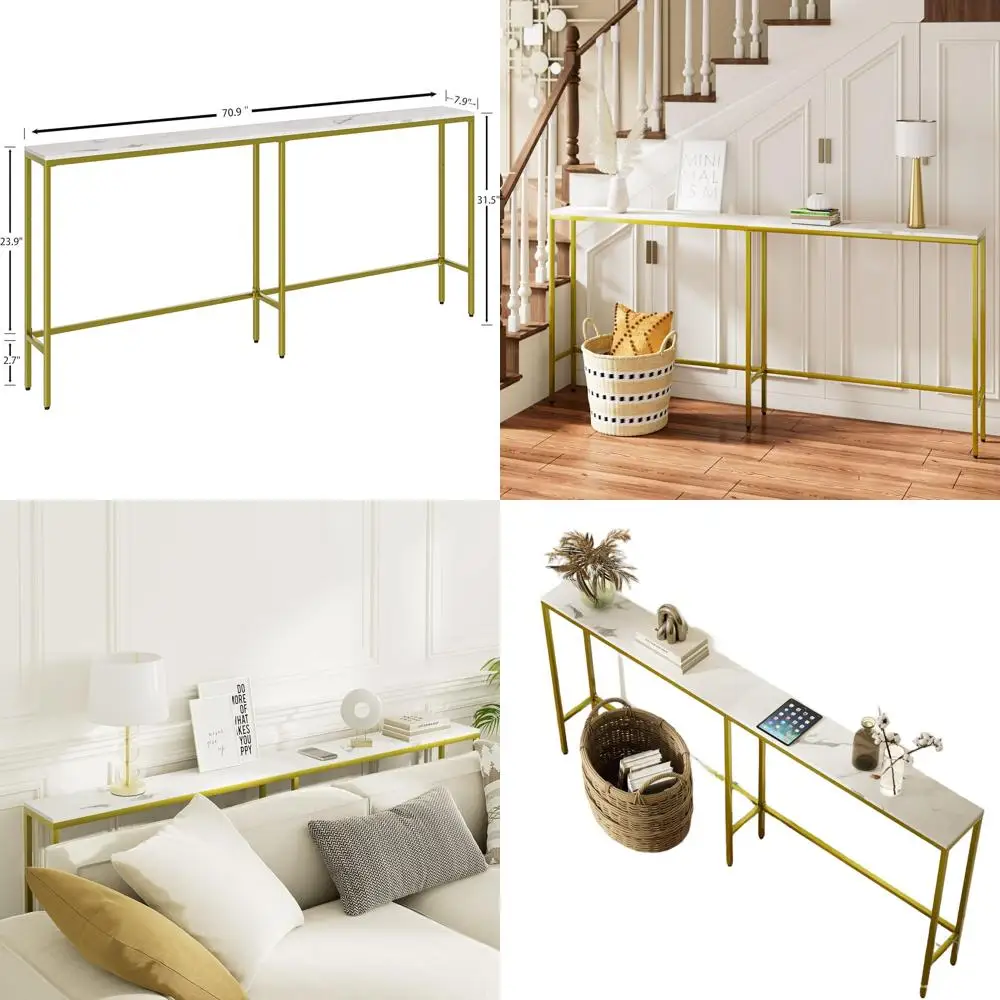 

Modern Slim Long Sofa Table with Gold Frame, Marble White for Living Room and Hallway