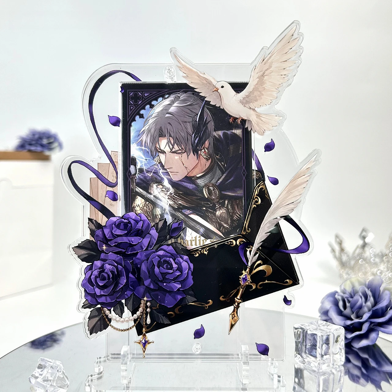 Feather Love Letter 3Inch Acrylic Photo Frame, Vintage Rose Dove Card Display Case, for Anime Kpop Merch Shooting Decor Prop