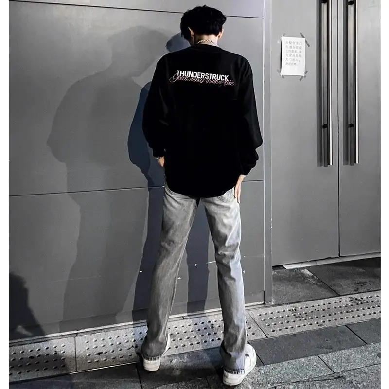 

American Sle Loose Long Sve T-irt Men's Autumn Winter Hip Hop Letter Print Casual Stand Fit Polyester Tee