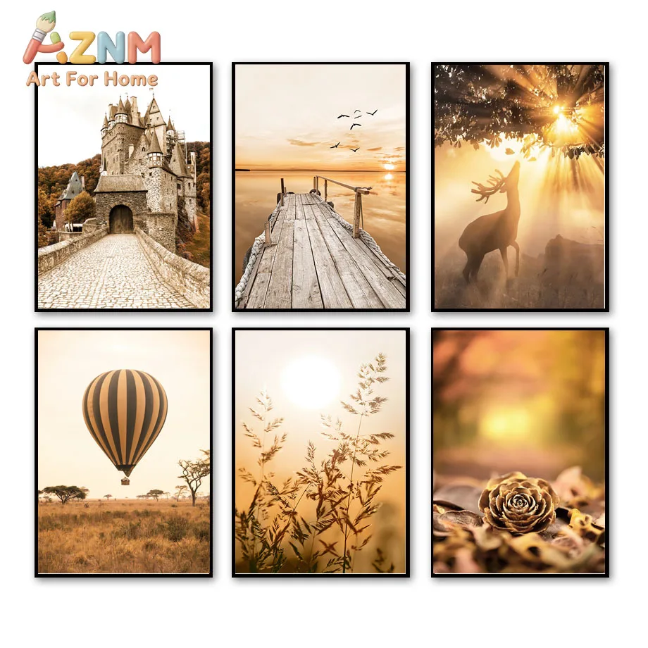 AZNM Warm Golden Tone Canvas Wall Art Castle Deer Hot Air Balloon Sunset Pier Nature Landscape Print for Living Room Bedroom Hom
