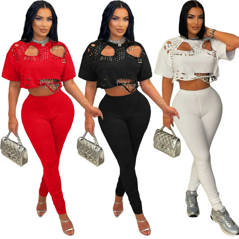 

Pant Sets Women Two Piece O Neck Tops Holes Irregular Short Sleeve Shirt Y2k Streetwear Pencil Pants Matching Set Spring