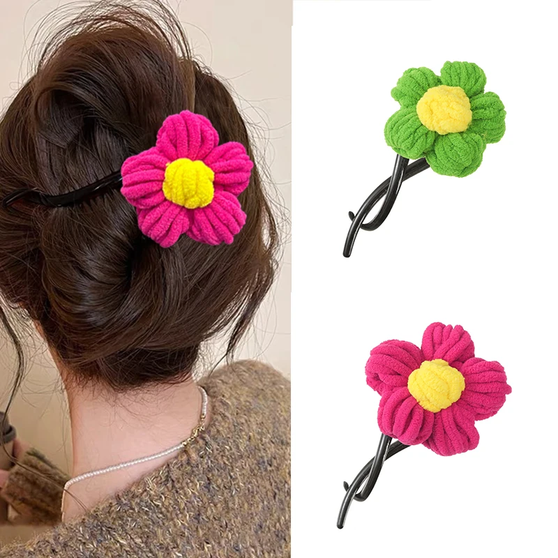 New Knitted yarn Flowers Hair Clip Hairpins Ponytail Tool Barrette Fixed back hair style Hair Accessories