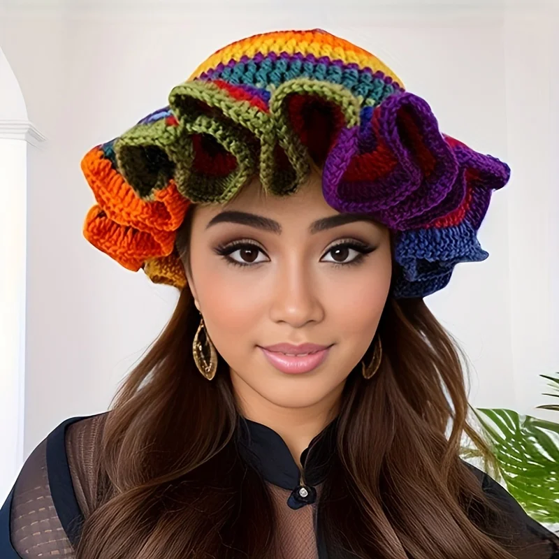 Lady Rainbow-Colored Handmade Crochet Brimmed Hat Adults Quirky Lace Mixed Yarn Stylish Autumn Winter Warmth Protection