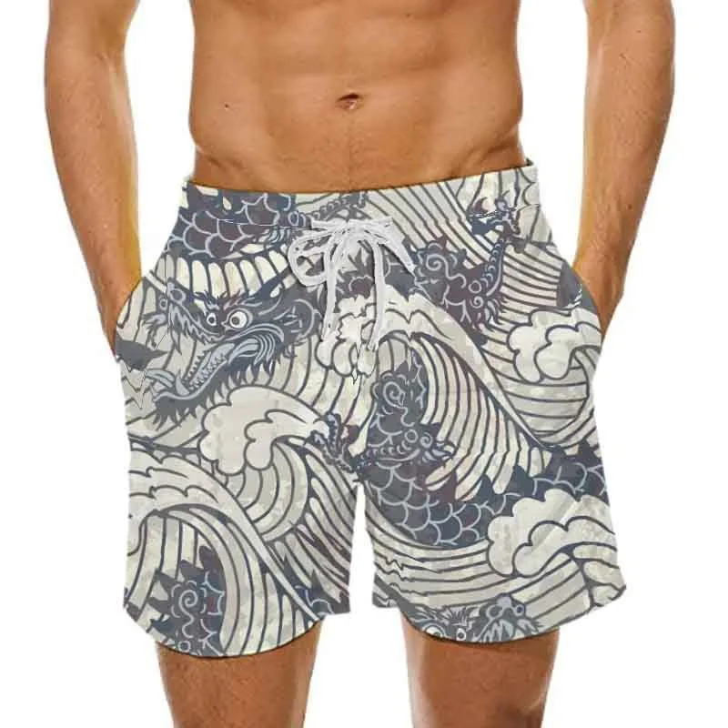 Calção de praia para praia masculina, calção casual para férias, ondas, estampa 3D, fato de banho Y2K, calça curta, verão, 2024