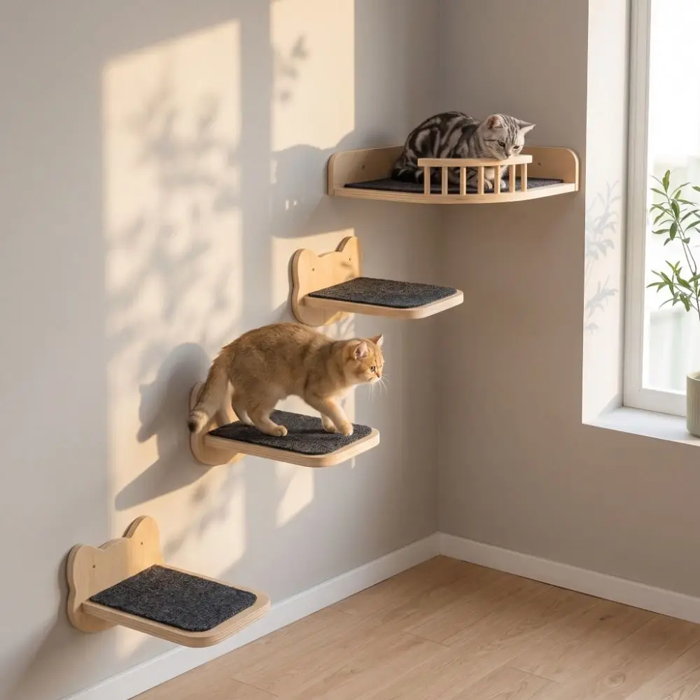 Wooden Wall Mounted Cat Tree Space-Saving Sturdy Cat Climbing Shelves Scratching Pads Wide Steps Cat Scratching Furniture