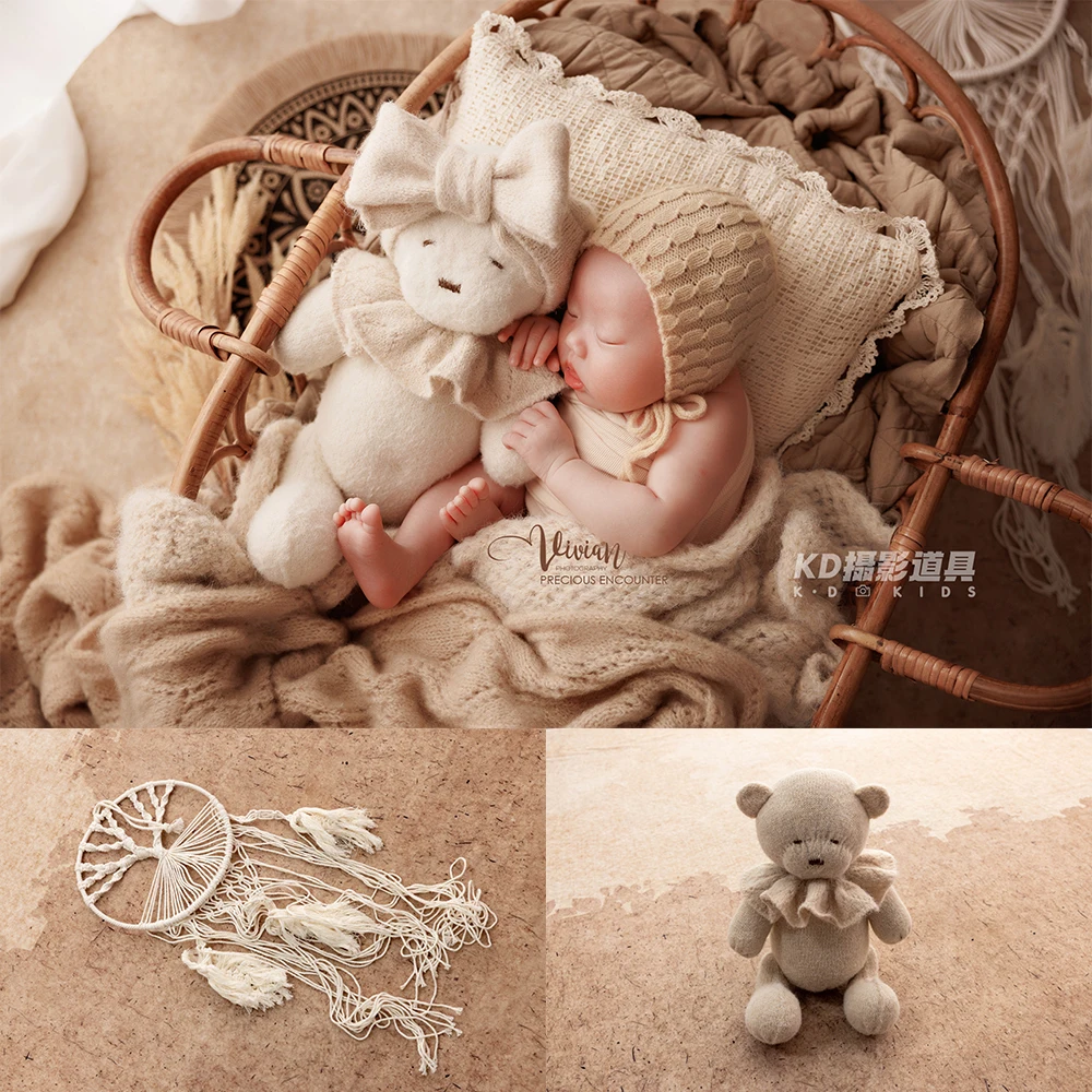 

Soft Neutral Newborn Photography Props Kit Knit Hat Bear Doll Floral Headband Photo Studio Baby Cozy Scene Decor Shooting Props