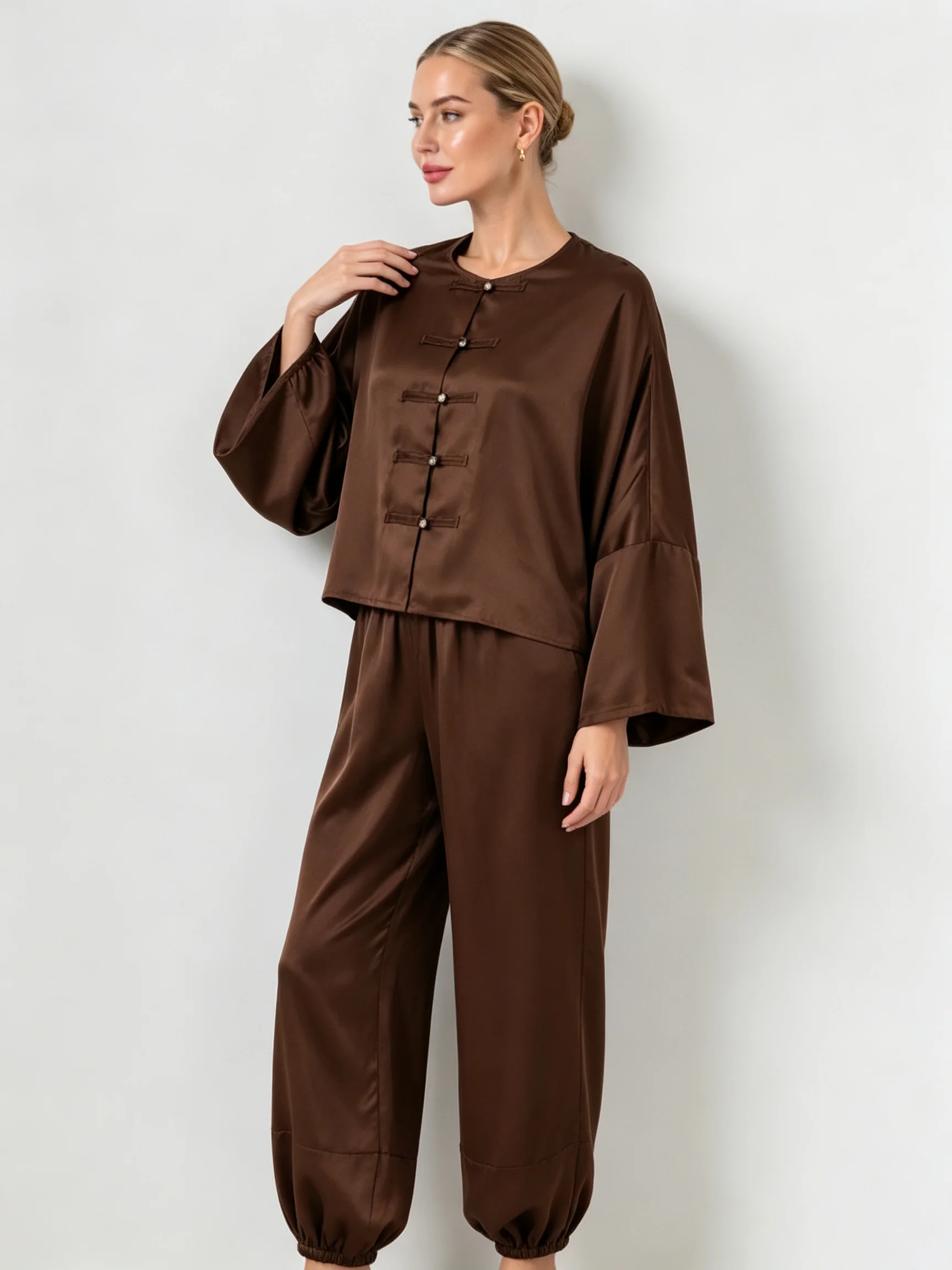 LIMO Women Chinese Frog Button Satin Two Piece Set Lantern Sleeve Top Elastic Cuff Jogger Pants Outfit