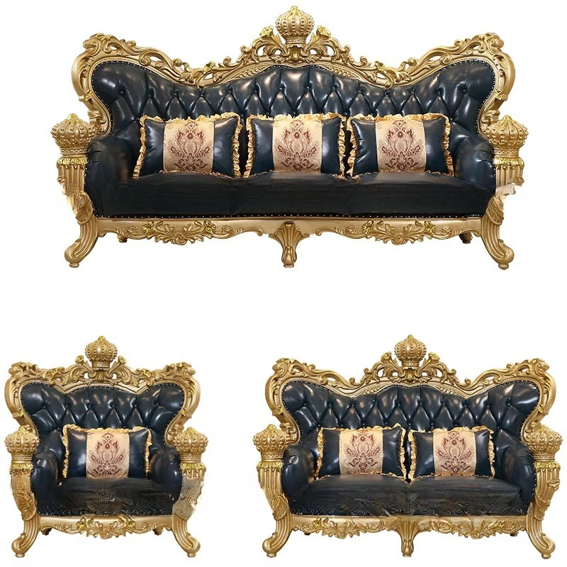 

European sofa villa living room leather solid wood carving flower
