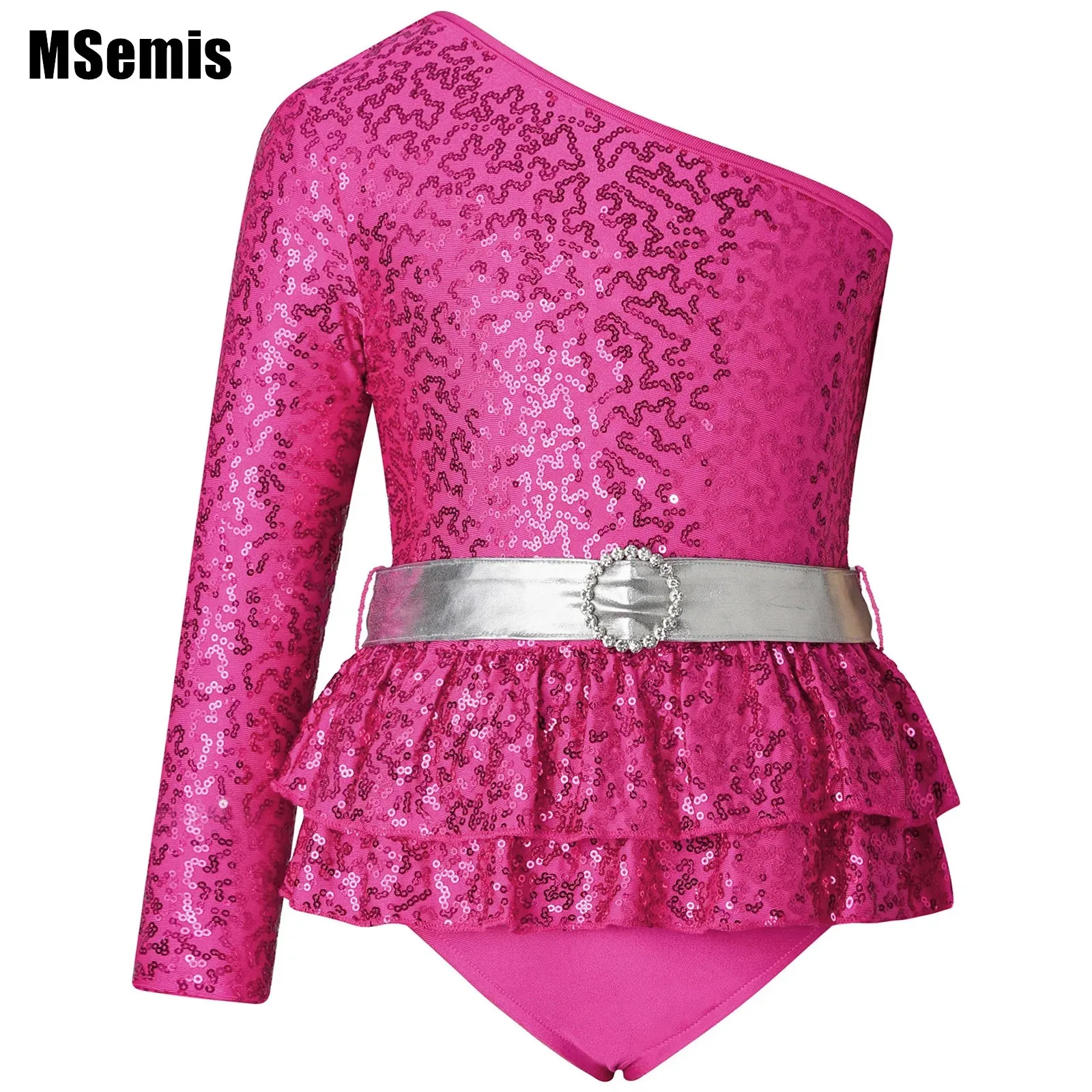 

Kids Girls Shiny Sequins Stylish Jumpsuit Single Long Sleeve Oblique Shoulder Tiered Ruffle Briefs Hem Dance Clothing