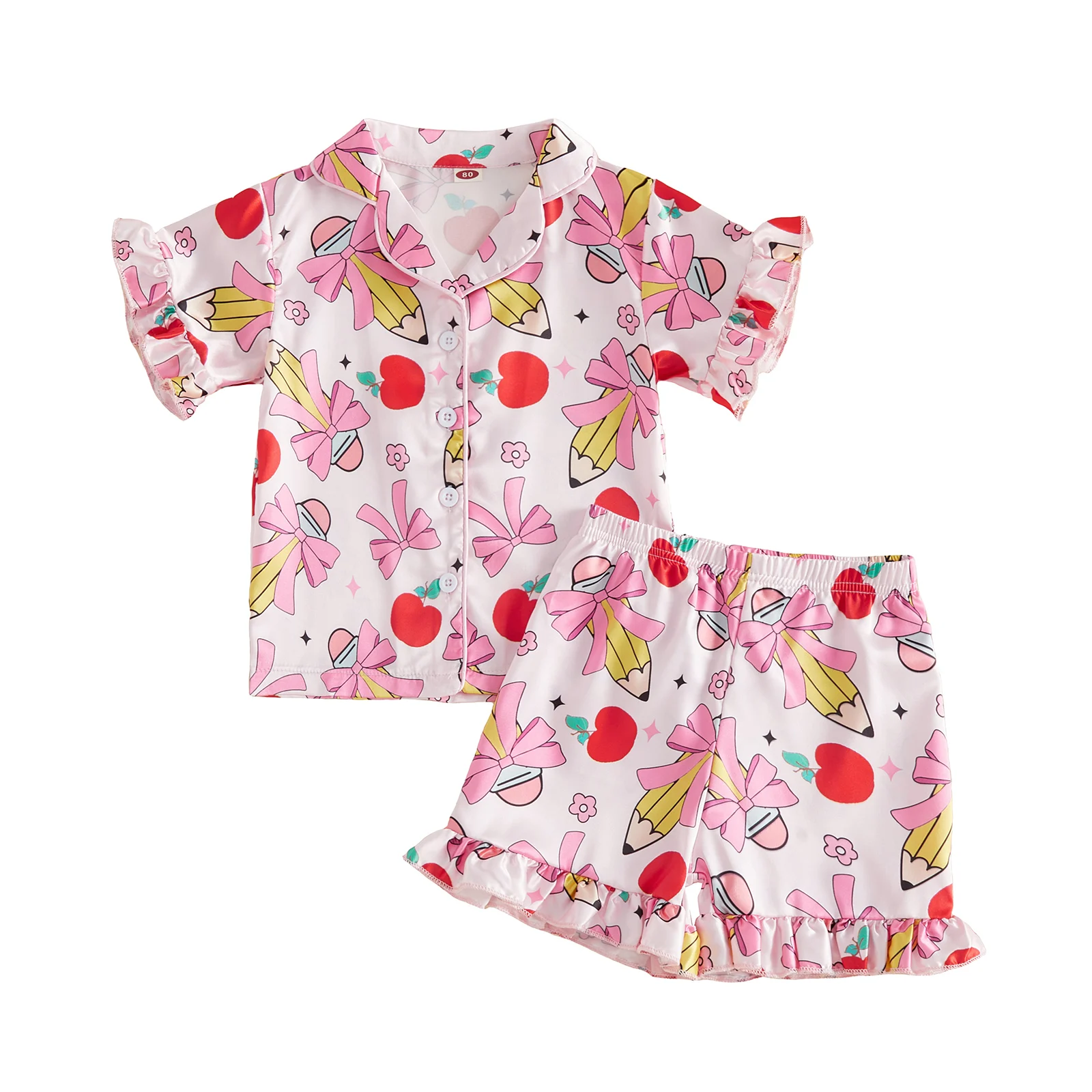 Little Girl Satin Pajamas Set Adorable Back to School Apple Bow Print Short Sleeve Turn Down Collar Tops with Shorts Sleepwear
