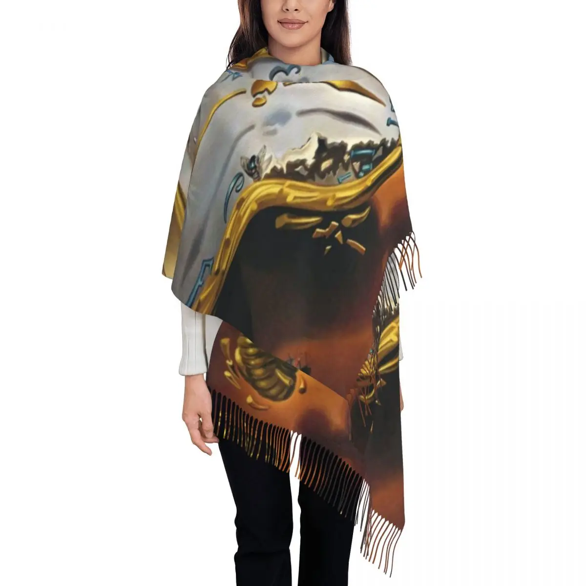 Lady Large Salvador Dali Painting Art Scarves Women Winter Fall Thick Warm Tassel Shawl Wraps Melting Watch Scarf