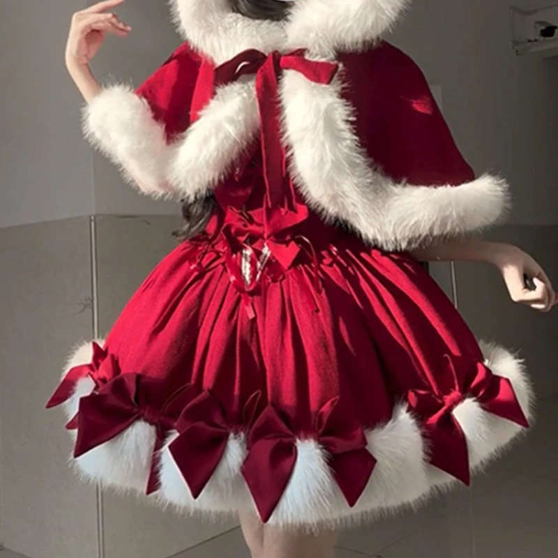Christmas Red Lolita Dress Set,Elk Theme Hooded Cape with Puff Princess Skirt, 2 Piece Outfit for New Year Holiday Party Cosplay