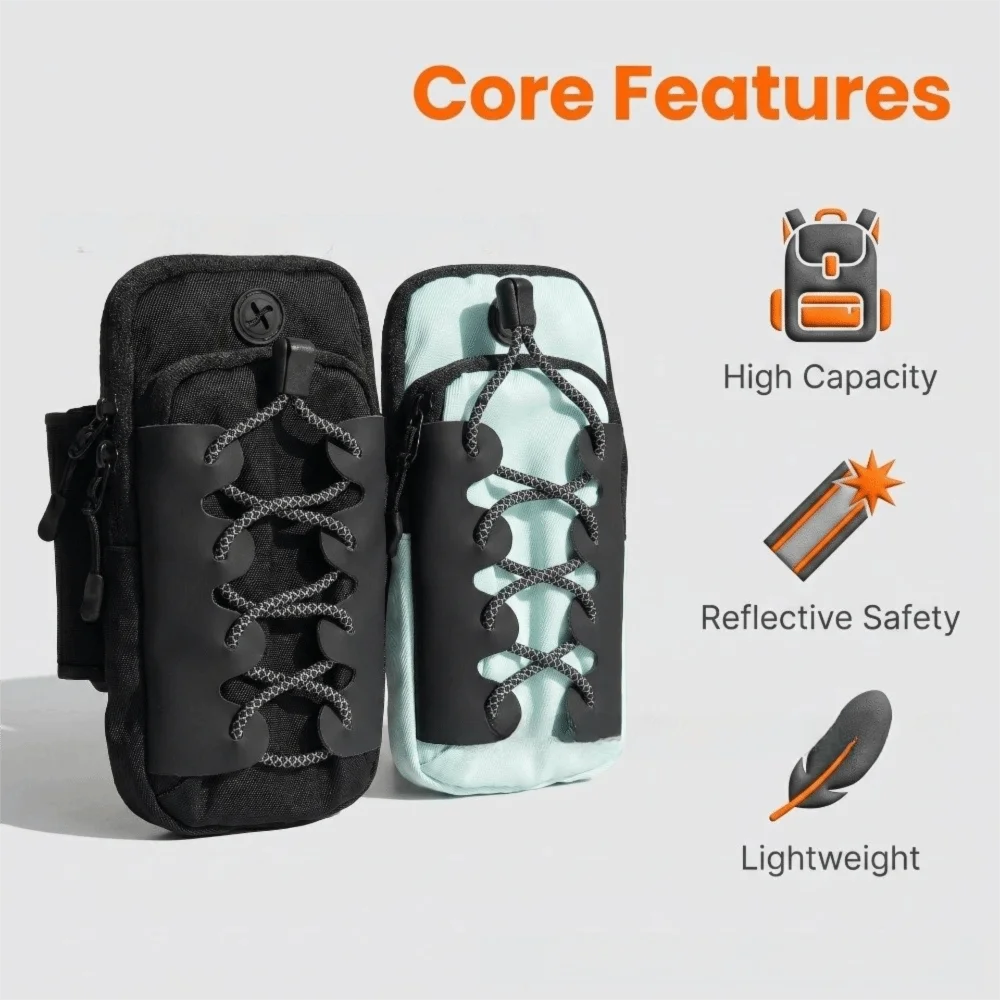 Reflective Cord Trim Sports Arm Bag Adjustable Strap Water-Resistant Fabric Wrist Pouch Compact Shape Lightweight Phone Armband