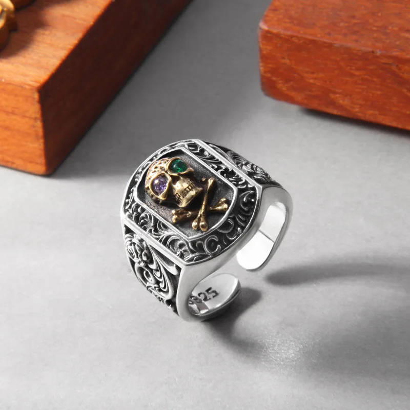 BOCAI New S925 Sterling Silver Retro Old-fashioned Domineering Tang Grass Pattern Box Skull Zircon Inlay Ring Male