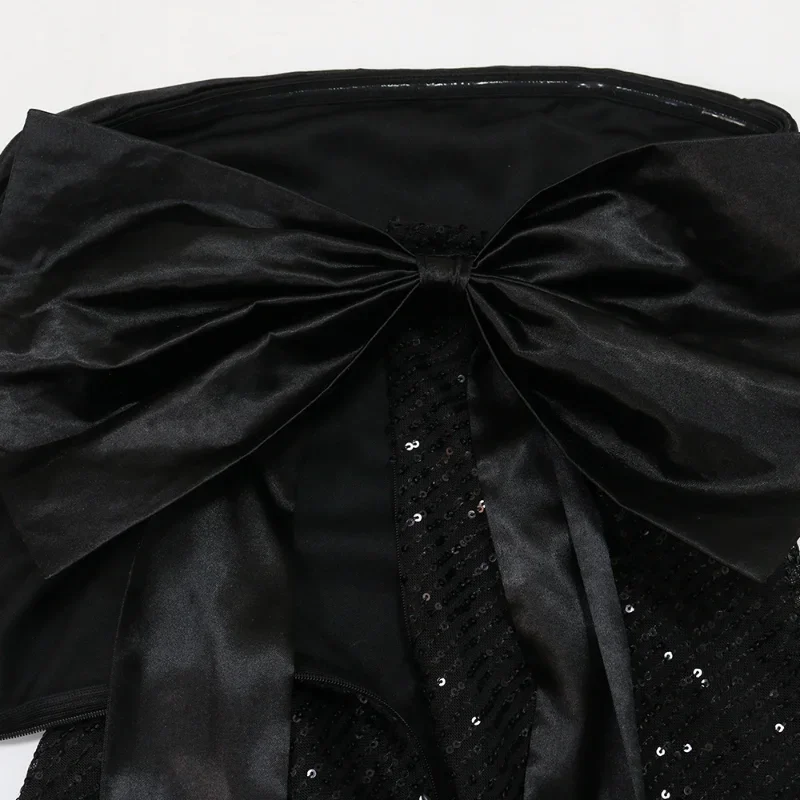 Satin Bow Ribbon Patchwork Sequins Mermaid Maxi Evening Party Dress Women Sexy Strapless Backless Banquet Long Robe Clubwear