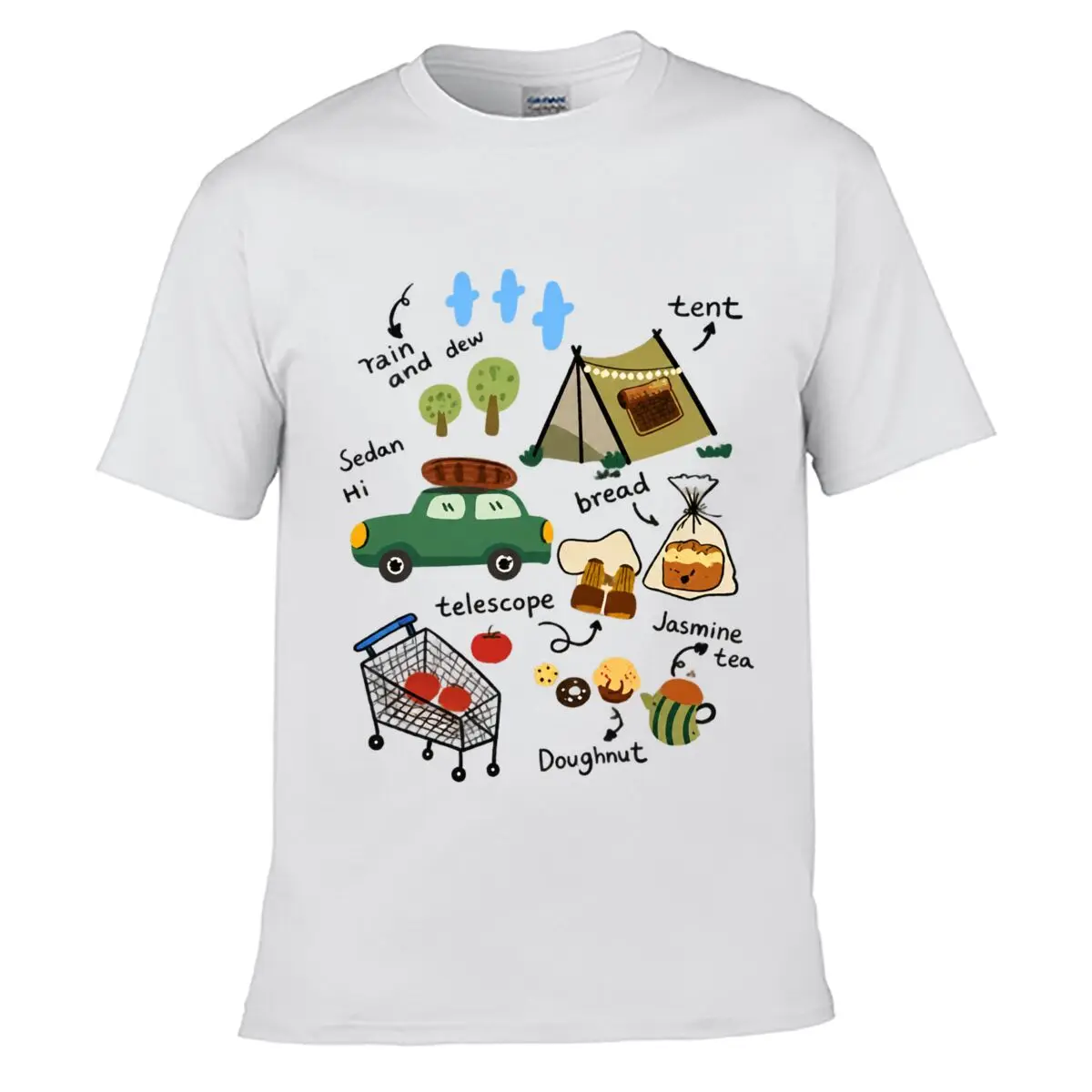Rain And Dew Sedan Hi Tent Bread Telescope Jasmine Tea Doughnut short-sleeved T-shirt