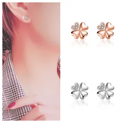 Classic Zircon Clover Earrings Women Rose Gold Jewelry Trendy 925 Sterling Silver Earrings For Lady Piercing Accessories Gift